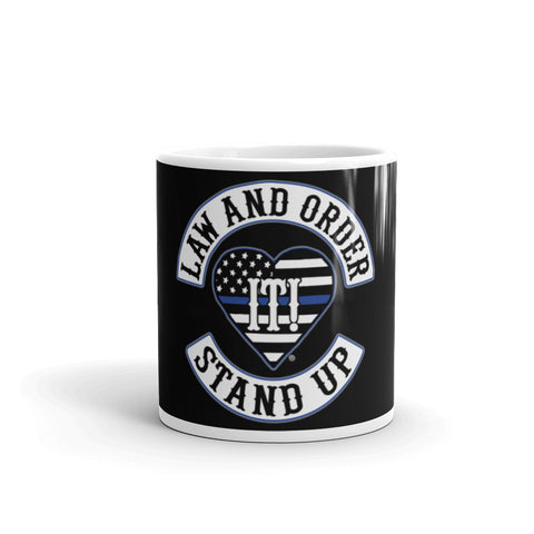 Black glossy mug Patch of Honors Land and Order Stand Up